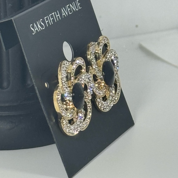 Saks Fifth Ave Gold Tone Flower Crystal Post Earrings With Black Crystal Center - Picture 5 of 7